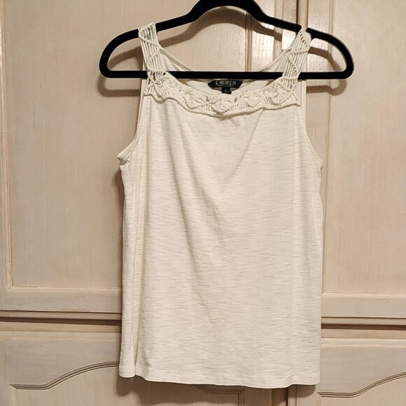 Ralph Lauren | White Macrame trim | 100%‎ cotton knit Tank | Large - Picture 1 of 7